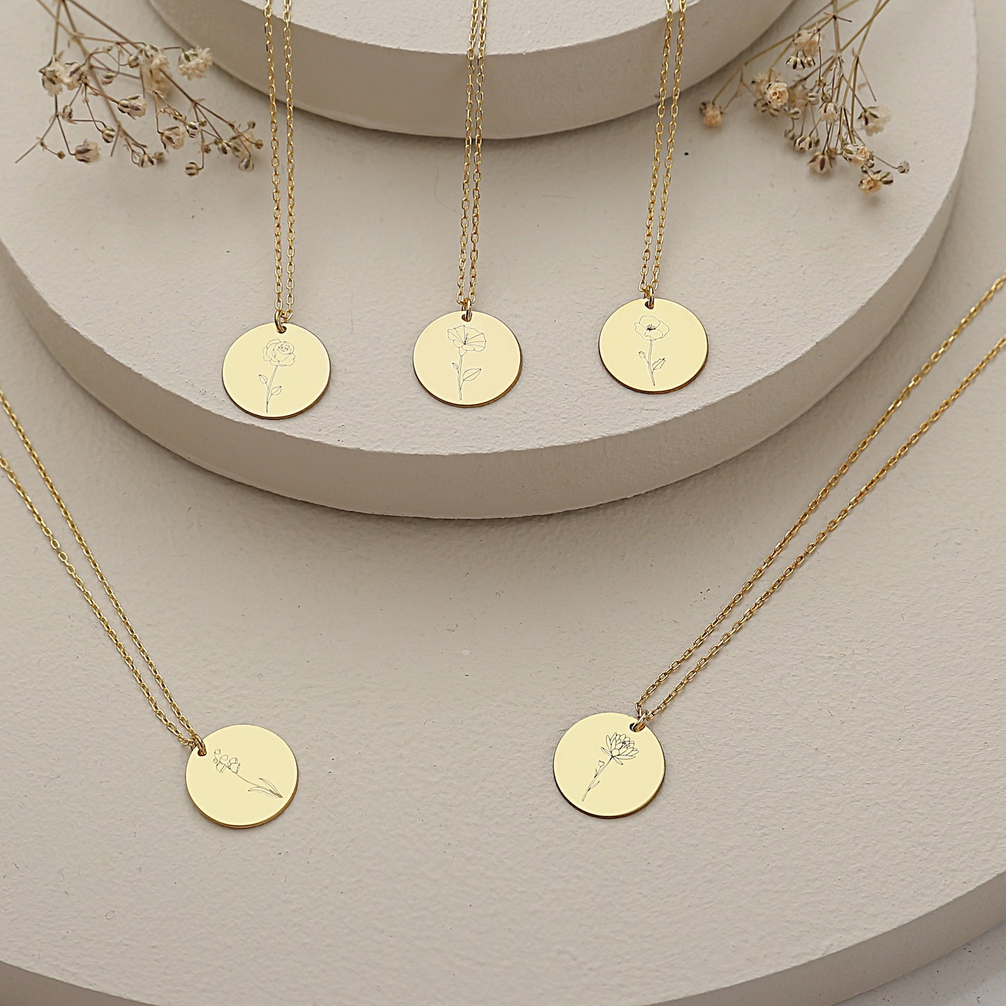 925 Sterling Silver Birth Flower Symbol Engraved Round Disc Necklace