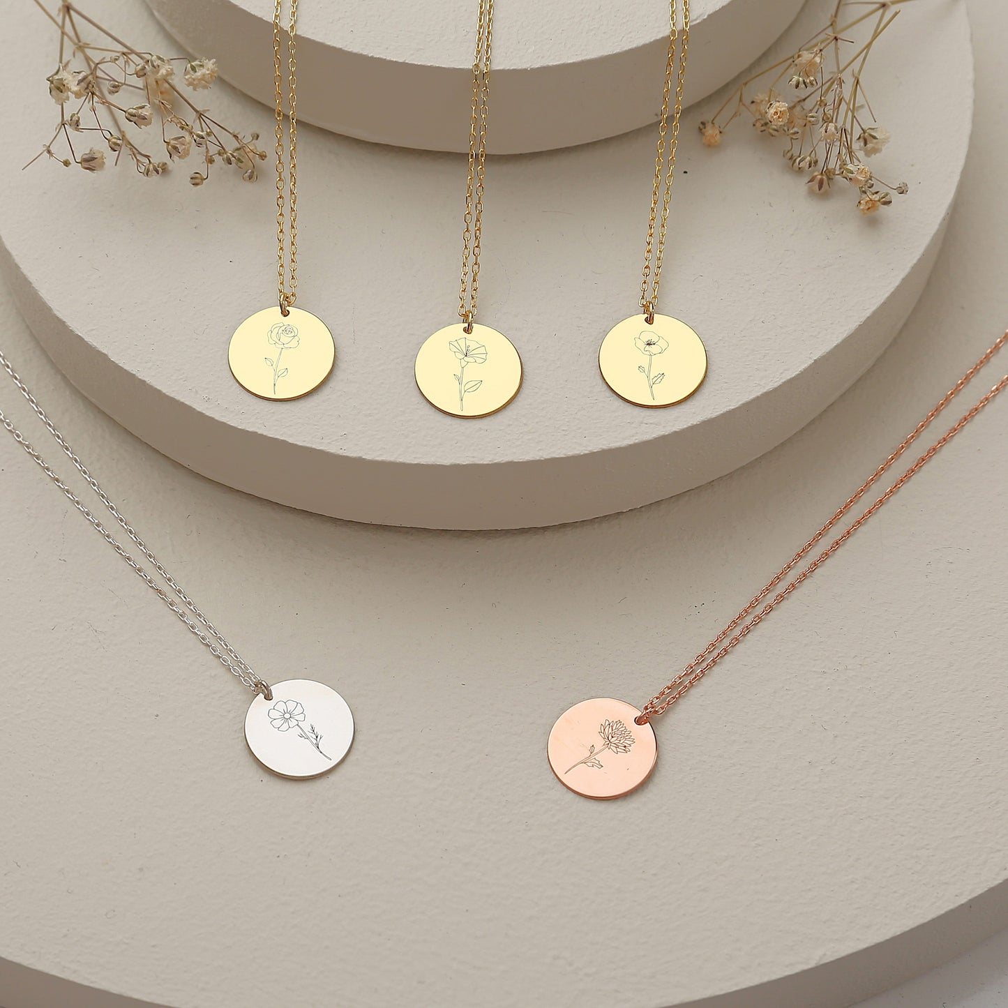 925 Sterling Silver Birth Flower Symbol Engraved Round Disc Necklace