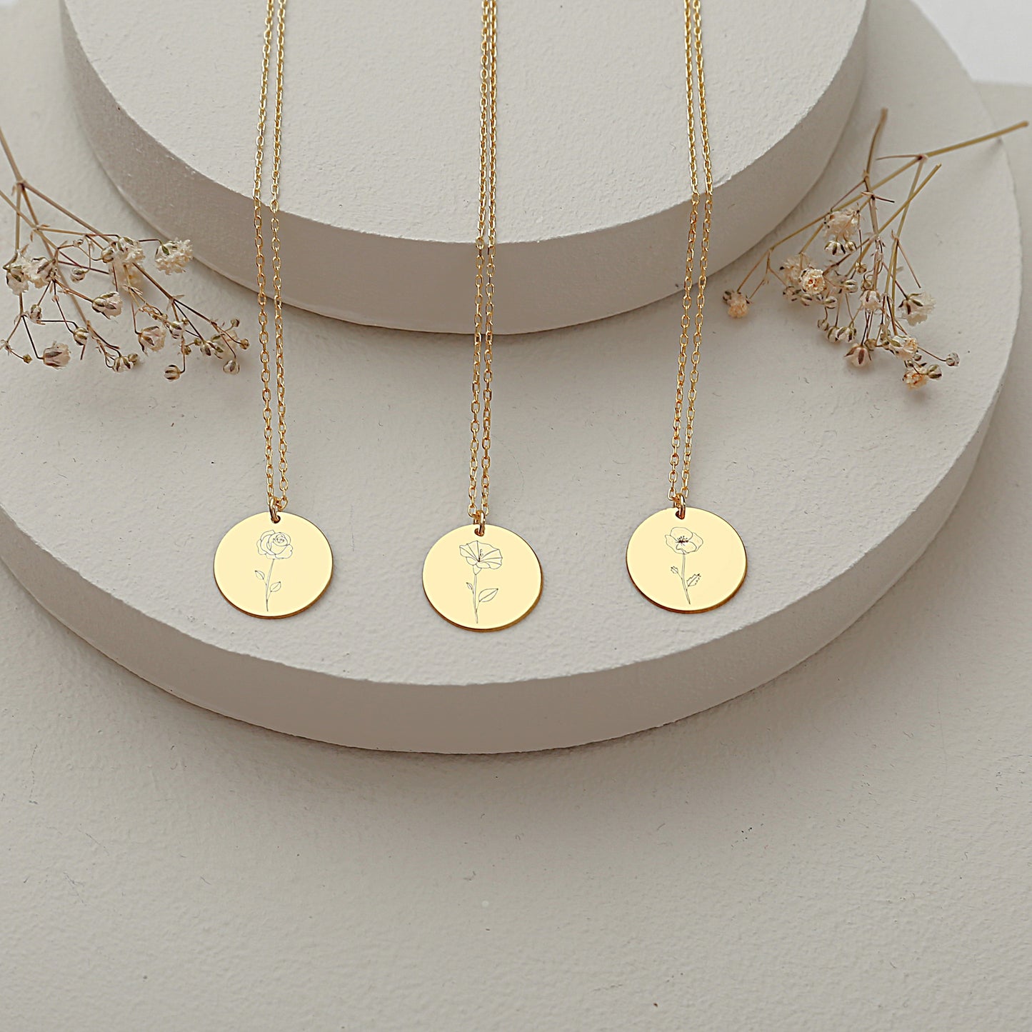925 Sterling Silver Birth Flower Symbol Engraved Round Disc Necklace