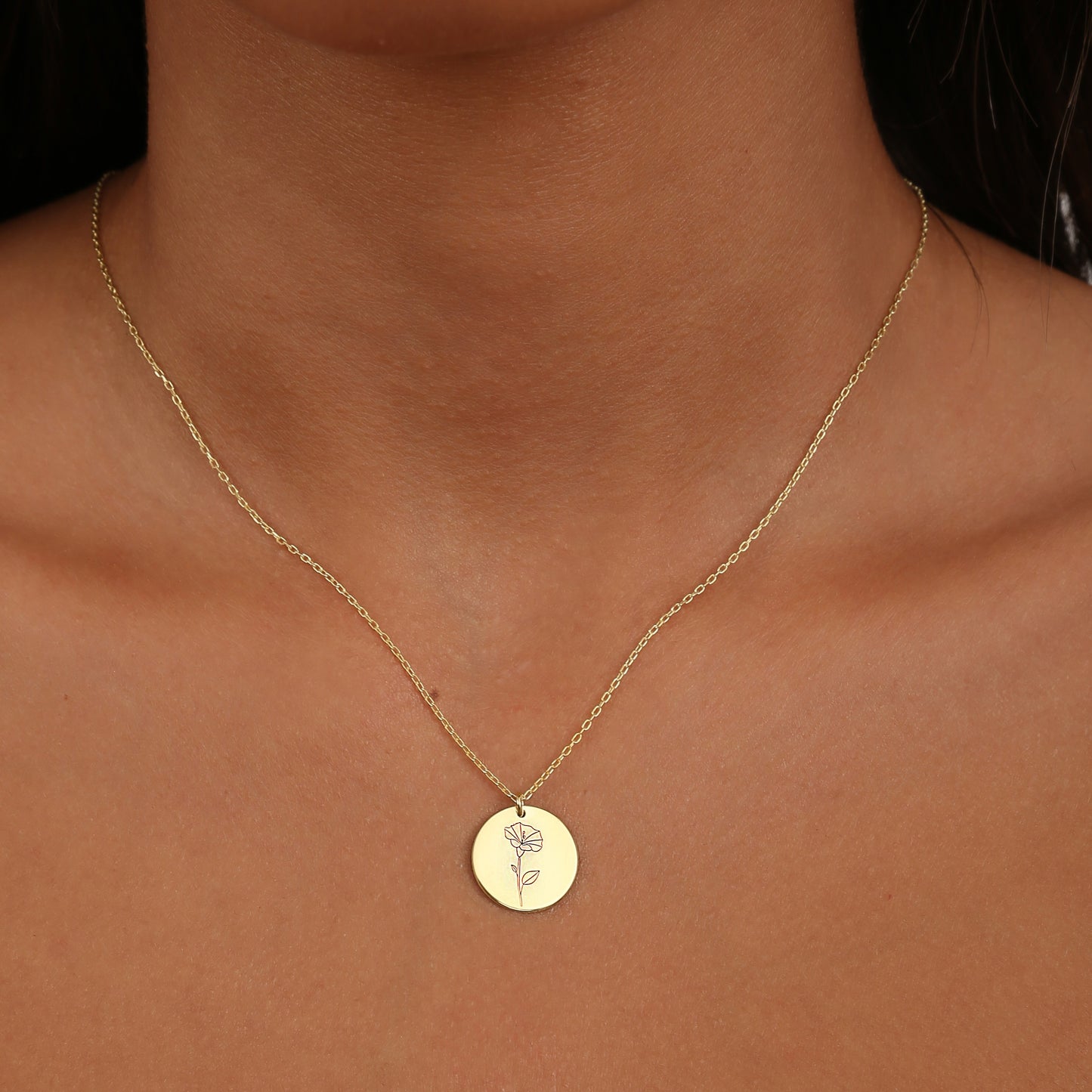 925 Sterling Silver Birth Flower Symbol Engraved Round Disc Necklace