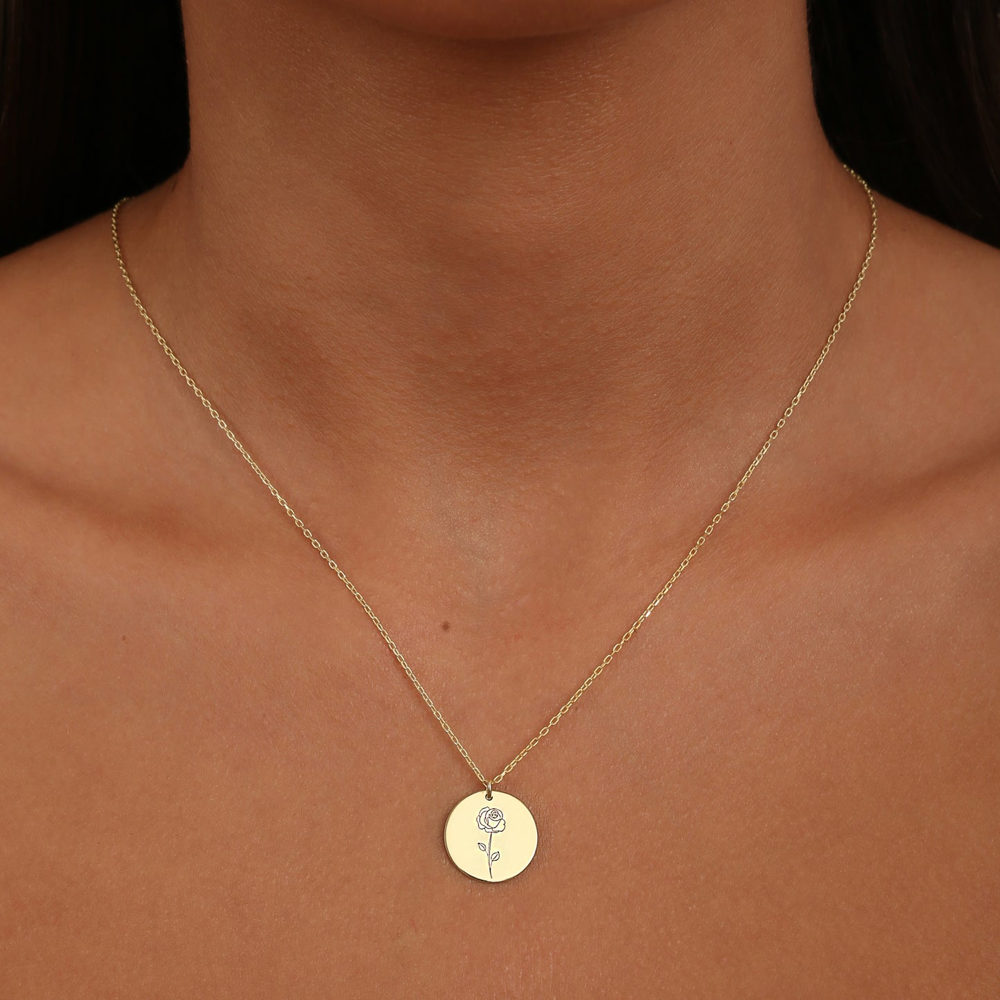 925 Sterling Silver Birth Flower Symbol Engraved Round Disc Necklace