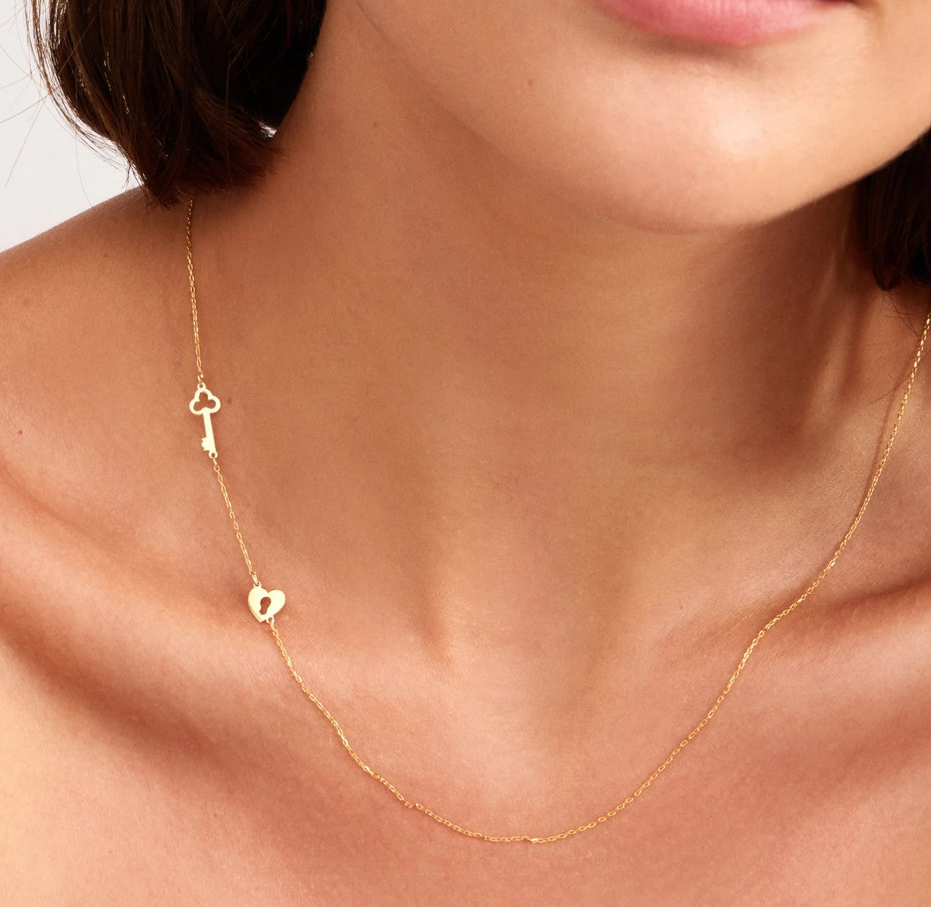 925 Sterling Silver Side Heart Key Lock Charm Necklace