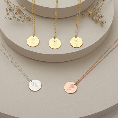 925 Sterling Silver Birth Flower Symbol Engraved Round Disc Necklace 