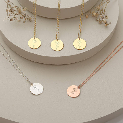 925 Sterling Silver Birth Flower Symbol Engraved Round Disc Necklace 