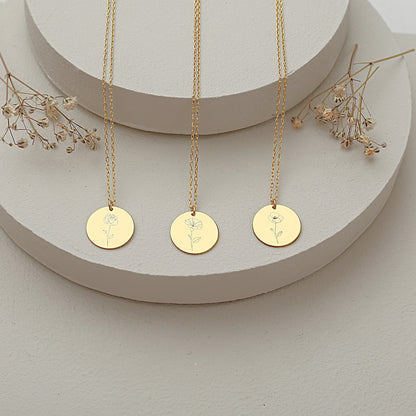 925 Sterling Silver Birth Flower Symbol Engraved Round Disc Necklace 