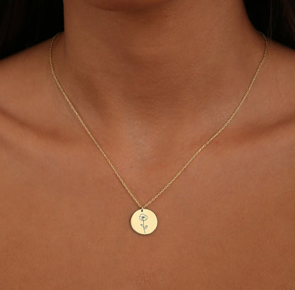925 Sterling Silver Birth Flower Symbol Engraved Round Disc Necklace 