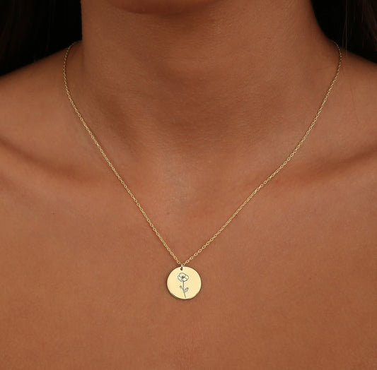 925 Sterling Silver Birth Bear Flower Symbols Round Necklace 
