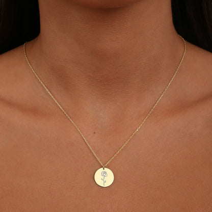 925 Sterling Silver Birth Flower Symbol Engraved Round Disc Necklace 